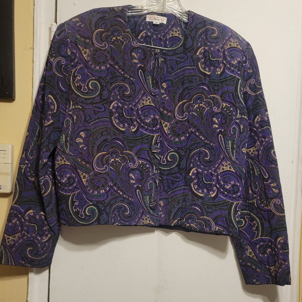 Talbots Vintage Paisley Patterned Silk Jacket-Skirt with Metal Accents SZ 14